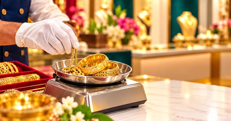 Old gold exchange in Kolkata: old bangles and a chain being weighed on a jeweller's scale
