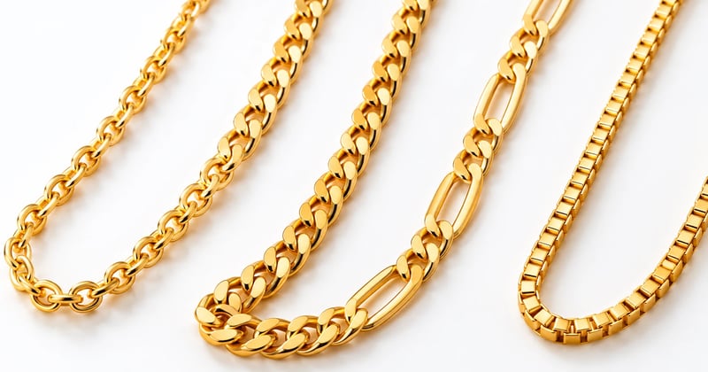 Gold chain designs for daily wear laid side by side: cable, curb, figaro and box links on a white surface