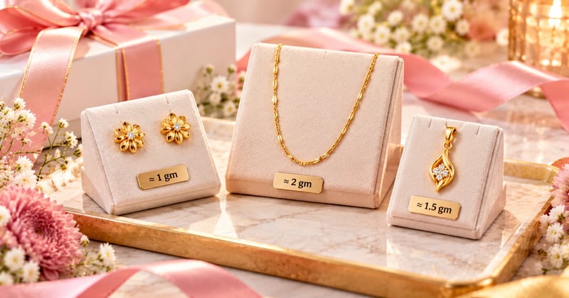 Birthday gifts for sister: light gold tops, a thin chain and a small pendant arranged by gram weight