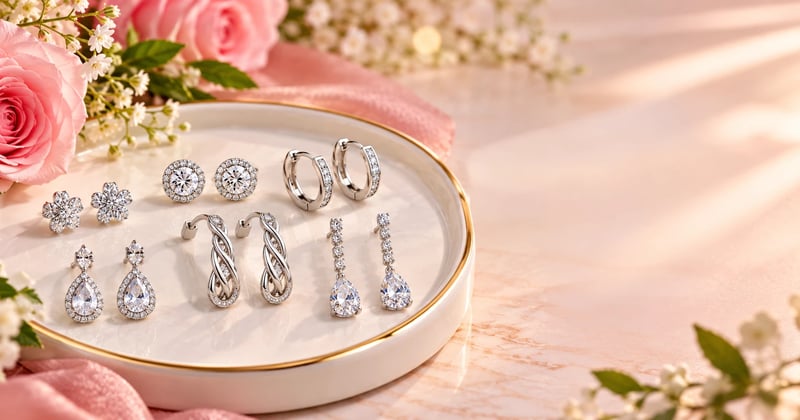 Silver earrings for women in 925 sterling silver: small tops, a bali and drop earrings on a white tray