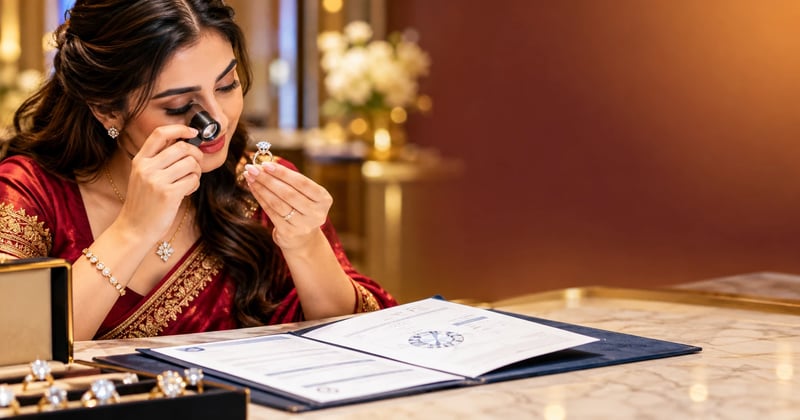 Diamond buying guide: checking a ring’s grading report and bill with a 10x loupe