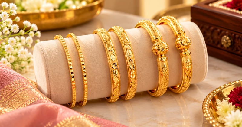 New noya designs for 2026: slim soru peti, engraved path and mukh noa bangles in 22K gold