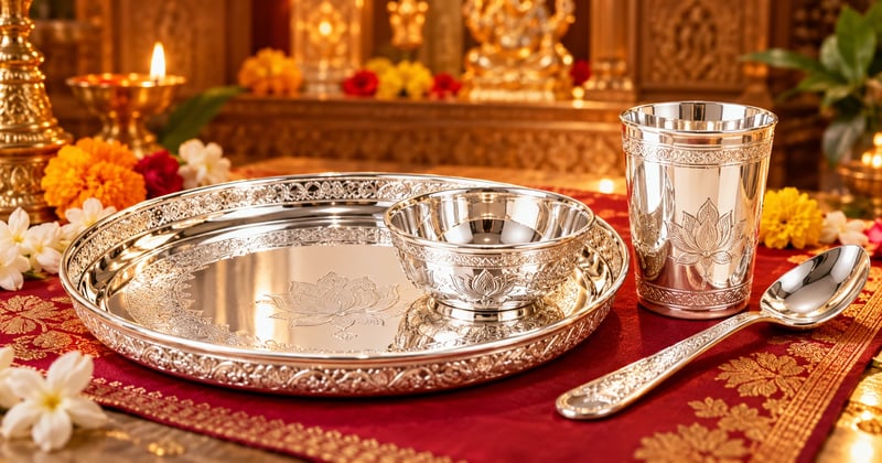 Four silver pooja items for a home mandir: thali, bati, glass and spoon