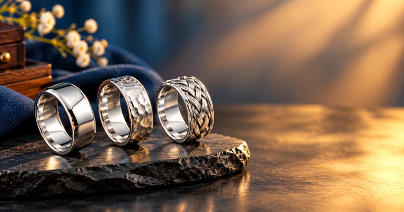 Three 925 silver ring for men designs: plain, hammered and woven bands