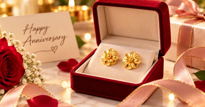 Anniversary gift for wife: a pair of 22K gold tops in an open gift box