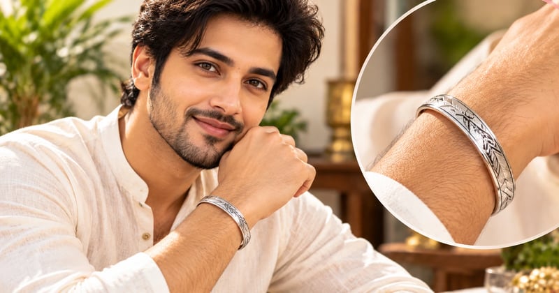 Polished silver kada for men worn on the wrist with a shirt cuff