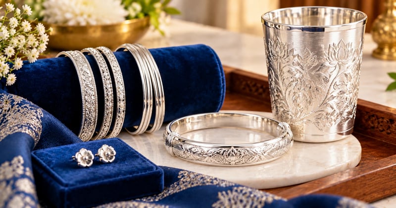 Silver jewellery in 925 sterling silver: bangles, a kada, tops and a glass