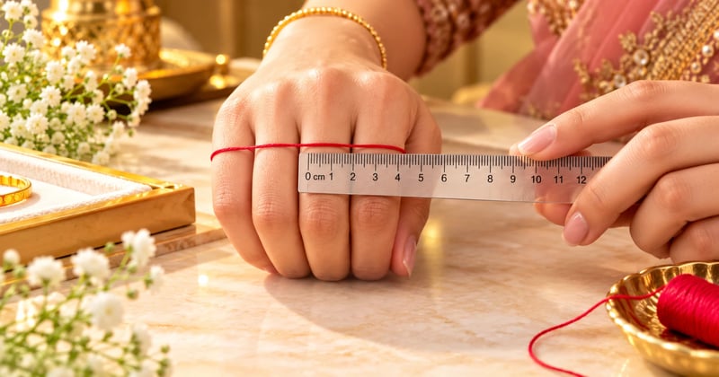 hand folded with a thread across the knuckles, beside a ruler