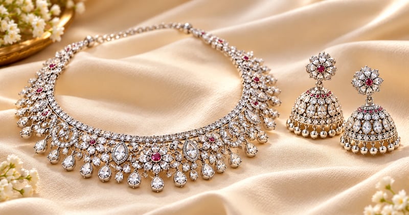 Oxidised 925 silver necklace set with matching jhumka earrings on a plain cloth