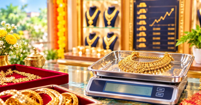 Old 22K gold necklace on a jeweller’s scale to check its gold resale value