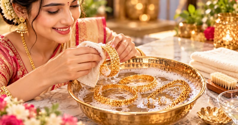 Gold bangles, a chain and diamond studs in a bowl of soapy water, showing how to clean gold jewellery at home