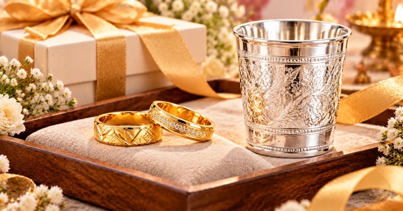 Gold couple rings and a silver glass laid out as a wedding gift for couple