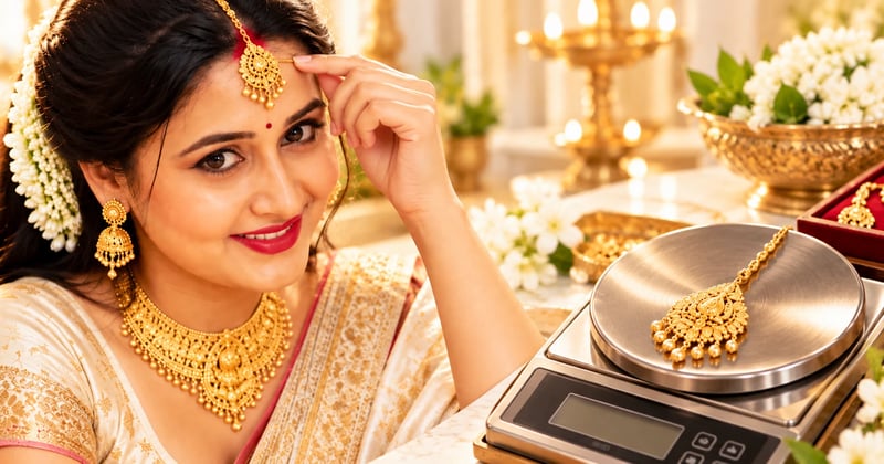 5 gram gold maang tikka price breakdown shown beside a 22K hallmarked tikka on a jeweller's scale