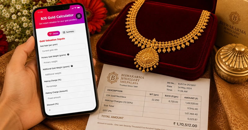 Phone showing a gold calculator beside a 22K necklace and a printed bill