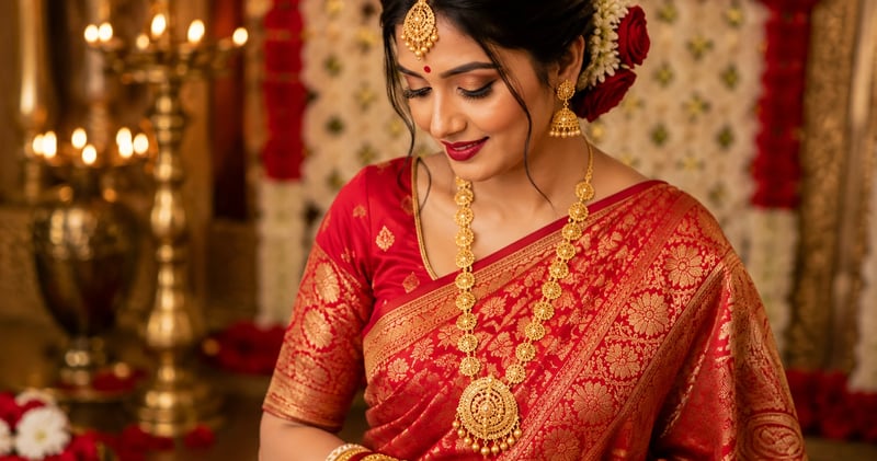 Bengali bride wearing a long gold necklace design with a red Banarasi saree