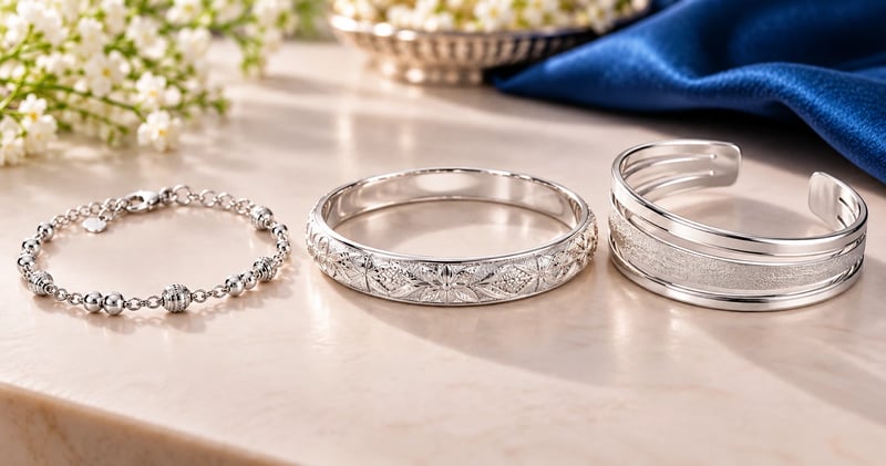 Silver bracelet for men in three styles: a chain wristlet, a carved kada and a cuff