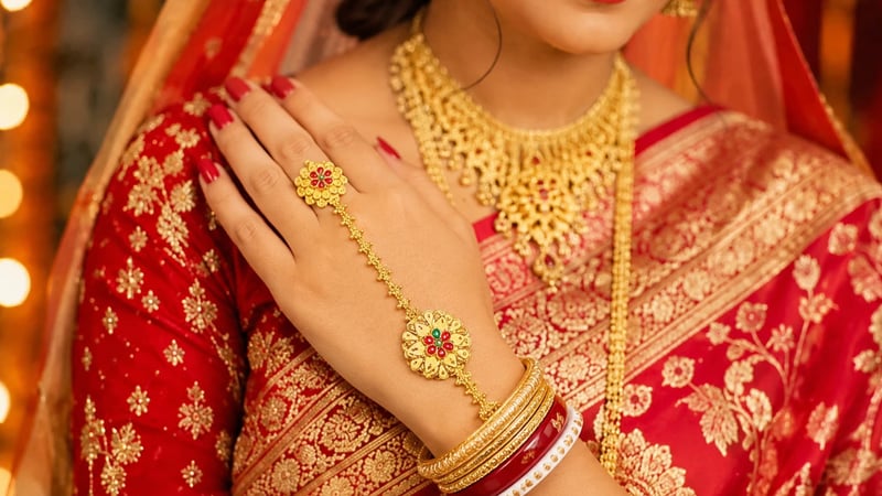 Bengali bride wearing a gold ratan chur across the back of her hand