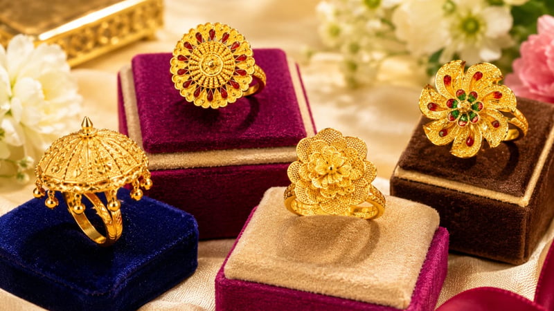 Four 22K gold umbrella ring designs arranged by weight from 1.85 g to 5.73 g